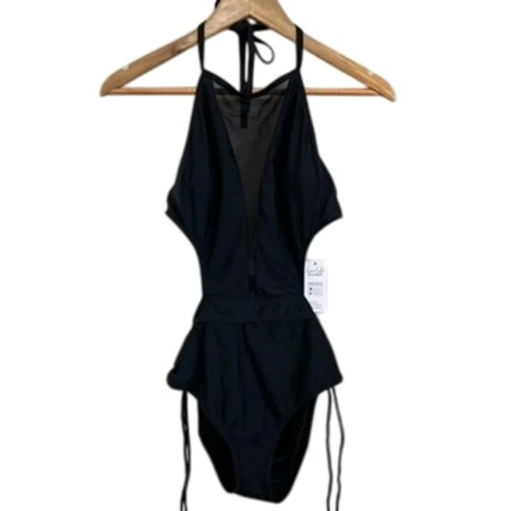 Black Halter Neck Swimsuit M One‎ Piece Open Side Peplum Swimwear Bathing Suit